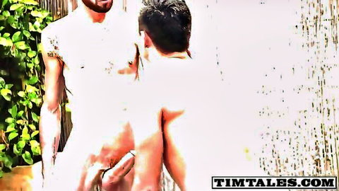 Tattooed bearded hunk fucks muscular bottom's ass outdoors in bamboo shower
