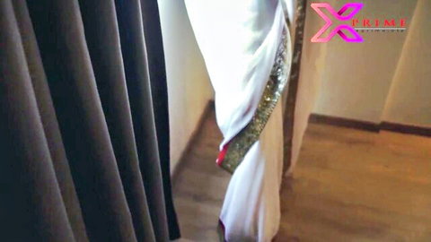 White sari draped in bedroom for curvy Indian wife big ass rough sex threesome