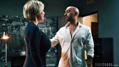 Busty blonde MILF in tight top with massive cleavage teases bald hunk with open shirt