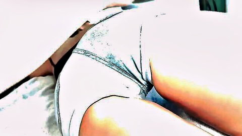 Petite babe's shaved pussy and tight ass exposed as hand pulls down white jeans from behind