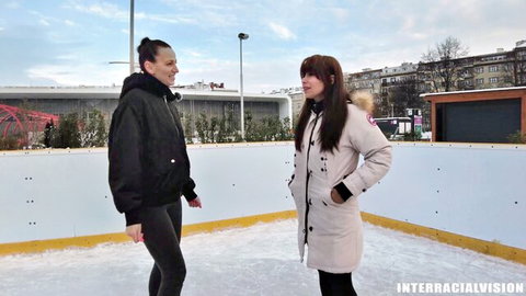 Jessy Jay and friend in winter coats by ice rink, interracial BBC anal preview