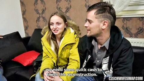 Lady Bug and hubby chat about wife swap for quick cash in amateur Czech video