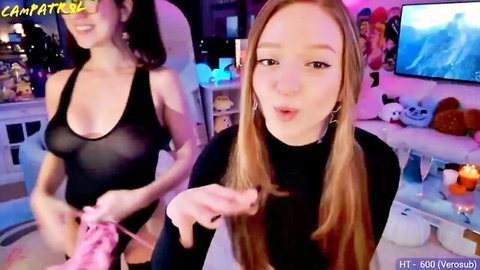 Fiona and Stellar in steamy threesome preview, redhead and brunette in sheer lingerie