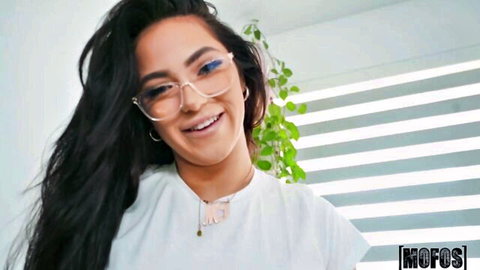 Smiling busty Caucasian brunette with glasses in white tee for sloppy blowjob