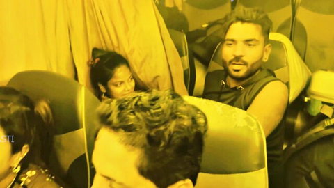 Indian Desi girl in pigtails gets fucked on crowded bus with cum