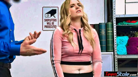 Blonde Dresden in pink hoodie confronted by cop in shoplyfter scene