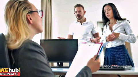 Busty German secretary cheats with boss in office, blonde in glasses and skirt