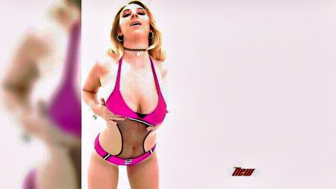 Blonde babe with huge natural tits in sheer pink mesh bikini posing arched back