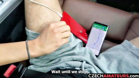 Amateur Czech woman strokes cock inside boyfriend's shorts in moving car