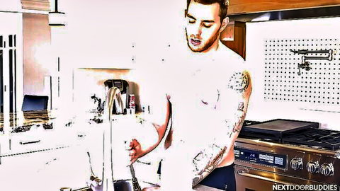 Shirtless tattooed athletic hunk in tight gray briefs shows bulge at kitchen sink