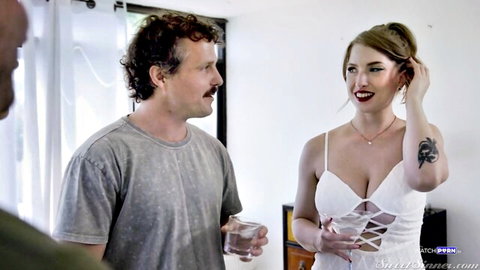 Reagan Foxx in revealing white lace dress seduces two men, deep cleavage tease