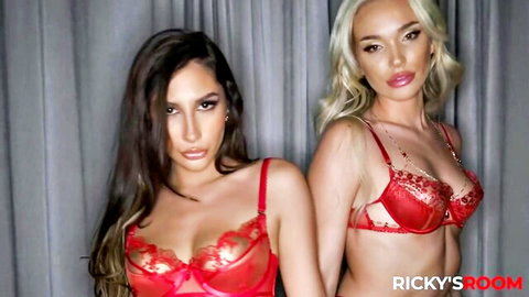 Gianna Dior and Rara K in sexy red lingerie, teasing duo pose