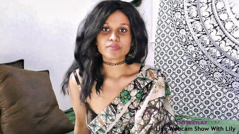 Lily in sexy saree webcam show, hot Indian babe posing seductively