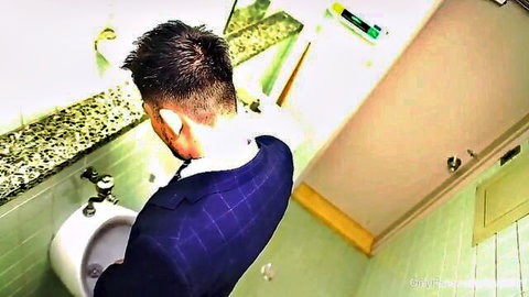 Asian man in blue suit exposing ass at urinal in JAV office threesome