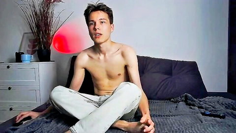 Tony Lipp shirtless twink in jeans, sitting teasingly on bed