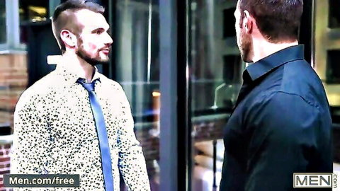 Alex Mecum in patterned shirt eyes Chris Harder through glass in gay tease scene