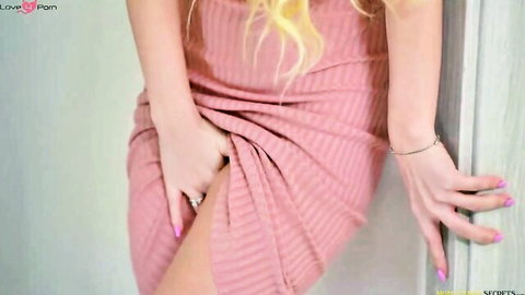 Blonde stepmom in tight pink dress, hand teasing between legs