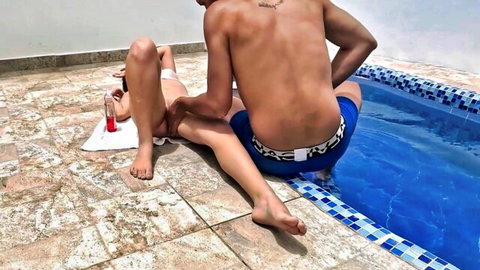 Petite woman in taboo doggy-style pool sex with stepdad