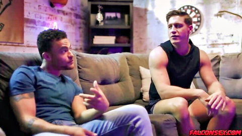 Dalton Riley and muscular buddy chilling on couch watching porn thumbnail