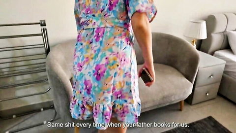 Curvy MILF stepmom in floral dress from behind, forbidden hotel tease