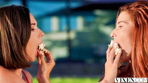 Agatha Vega and Eve Sweet share messy cum eating in steamy outdoor romp
