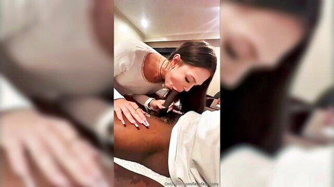 Trans woman in chastity gives expert blowjob to big black cock