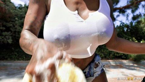 Ebony Mystique wet t-shirt big tits outdoors car wash tease