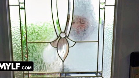 Busty MILF's nude silhouette teasing through steamy frosted shower glass