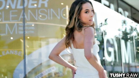 Alexis James in tight white dress outside gym, Tushy Raw debut tease