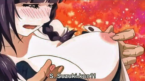 Hentai teacher with purple hair surprised as student buries face in her huge exposed tits