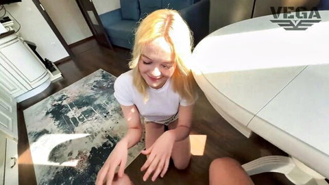 Petite blonde stepsister kneels enticingly in white top and shorts before big dick fuck