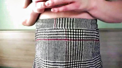Femme boy in plaid skirt with hard cock, teasing blowjob pose