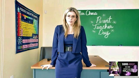 Blonde MILF teacher Cory Chase in sexy blue dress and glasses for Parent Teacher Day