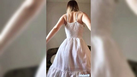 Blonde amateur Maiskii in sheer white dress, petite solo tease