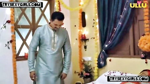 Indian husband in traditional kurta on suhagraat night, teasing hardcore wife sex