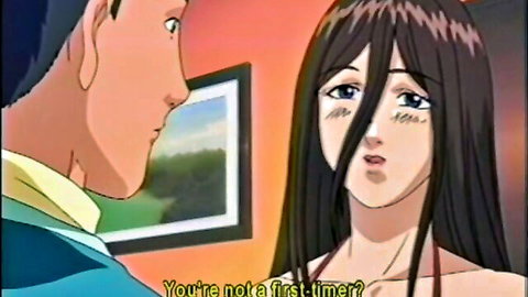 Hentai babe with big eyes surprised asking 'You're not a first-timer?' to anime guy