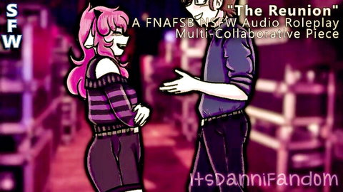 Anime girl with pink hair in striped sweater chats with guy in jacket during FNAF reunion roleplay