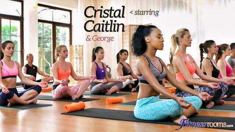 Cristal, Caitlin & George lead yoga class with fit women in tight pants, Fitness Rooms