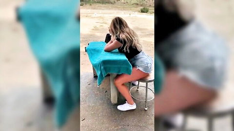 Kayley Gunner teasing in short denim shorts outdoors, blonde bombshell public seduction