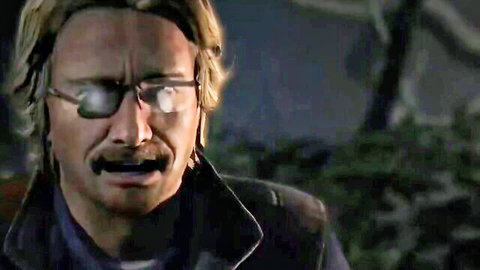 Blonde man with mustache snarling intensely in leather jacket closeup