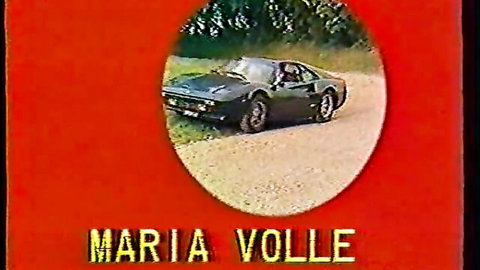 Vintage retro poster of Maria Volle with black Ferrari sports car on dirt road
