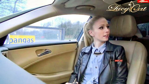 Blonde Lucy Cat in black leather jacket, dirty talk POV in car