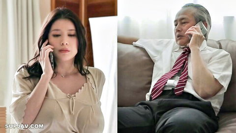 Asian woman in low-cut blouse on phone call, older suited man dialing