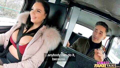 Busty brunette with huge tits spilling from red bra smiles teasingly in Fake Taxi cab