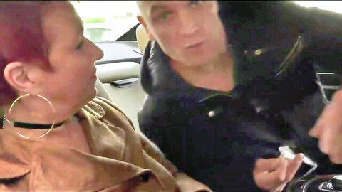 Mature redhead granny in car with older man, intense rough ride preview