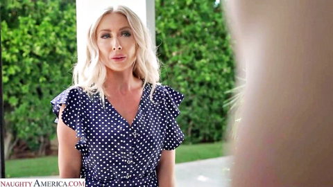 Blonde big-titted housewife in polka dot dress outdoors, teasing for son facial