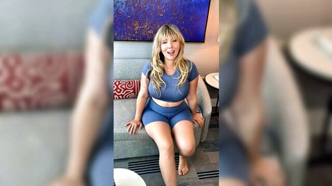 Lena Paul in sexy blue two-piece outfit, teasing solo on OnlyFans