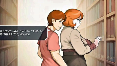 Anime redhead stepmom with huge tits smirks teasingly at stepson behind her in library