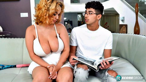 Crystal Chase in low-cut white dress with big tits, flirting with young guy