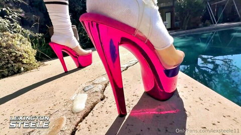 Sophia Burns feet in shiny pink high heels and white socks, OnlyFans tease